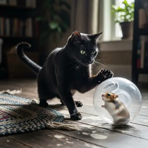 Black Cat Playing with Hamster - Cute Animal Interaction
