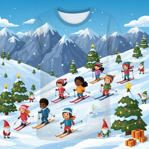 Whimsical Christmas Scene with Children Skiing | Festive T-shirt Illustration