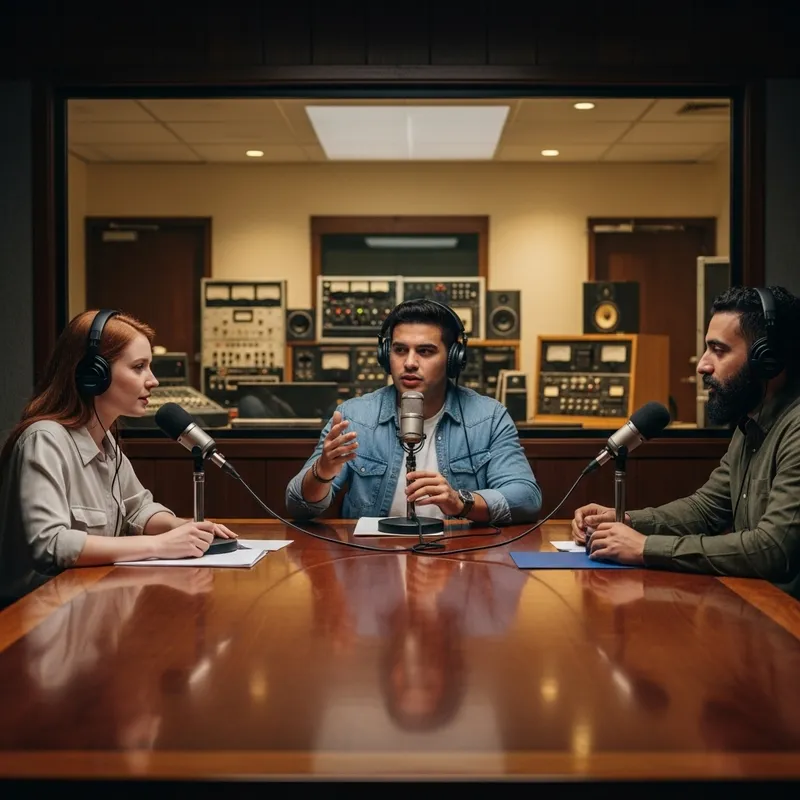 Vintage Radio Studio with Diverse Hosts Sparking Conversations