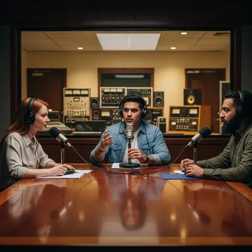 Vintage Radio Program Broadcast Room with Diverse Hosts