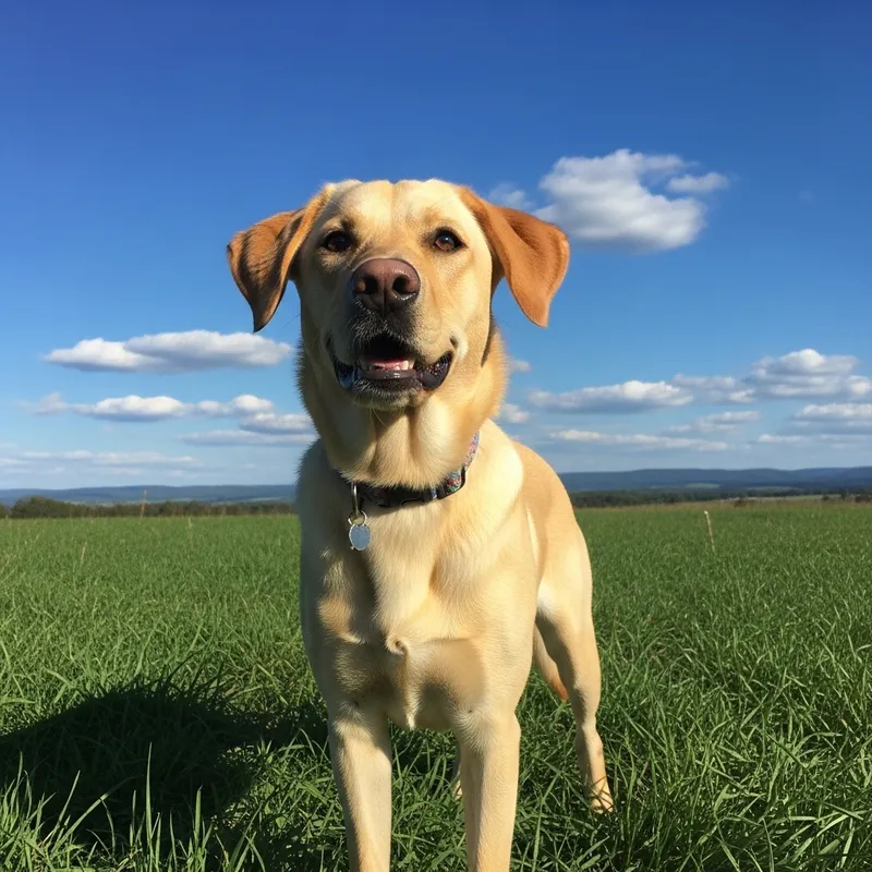 Cheerful Yellow Dog in a Sunlit Field Cheerful Yellow Dog in a Sunlit Field