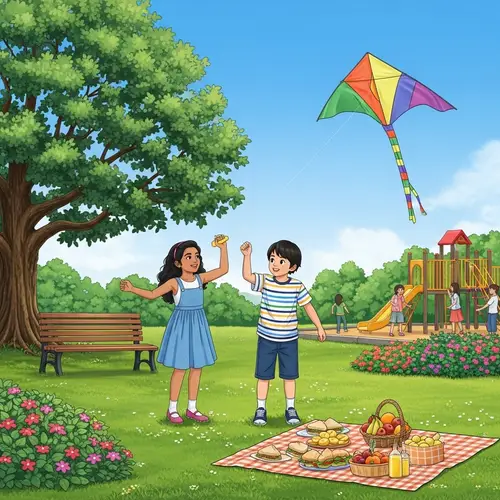 Joyful Kids Playing in Colorful Park with Picnic