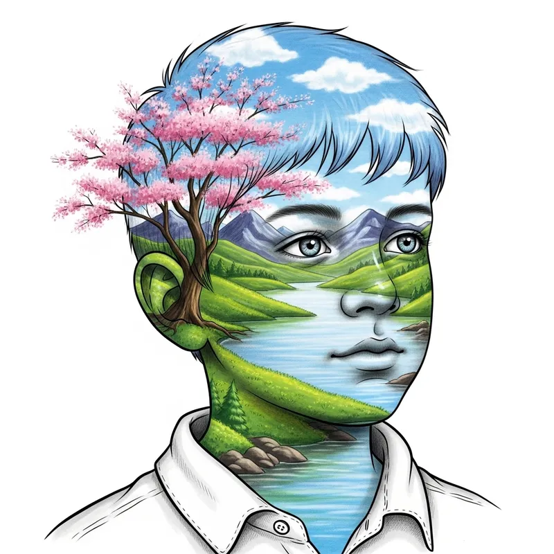 Imaginative Drawing of Young Boy with Nature Landscape Face