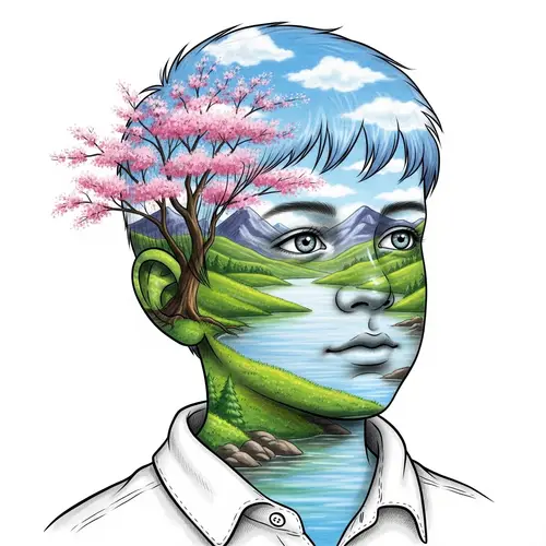 Intriguing Drawing of Young Boy with Nature Landscape Face