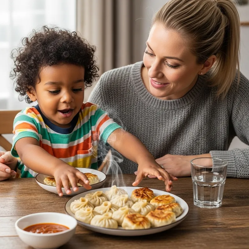 Adorable Baby and Loving Mother Sharing Momos