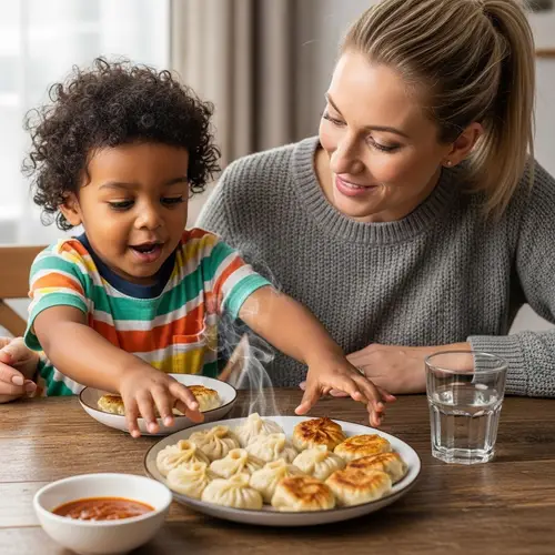 South Asian Toddler and Caucasian Mother Enjoying Momos