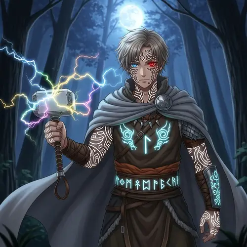 Anime-Style Norse Mythology Teenager with Tattoos and Mjolnir