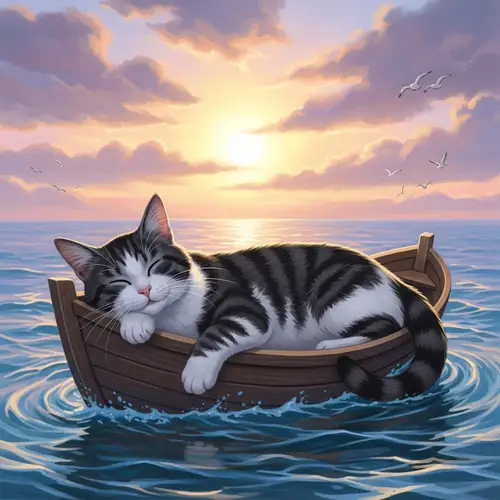 Serene Cat Dreaming on Boat in Sunlit Ocean