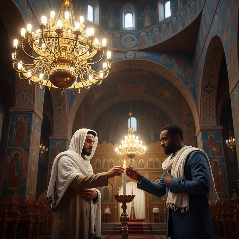 Ethiopian Orthodox Church Candle Lighting Ceremony with 2 Men Praying Ethiopian Orthodox Church Candle Lighting Ceremony with 2 Men Praying