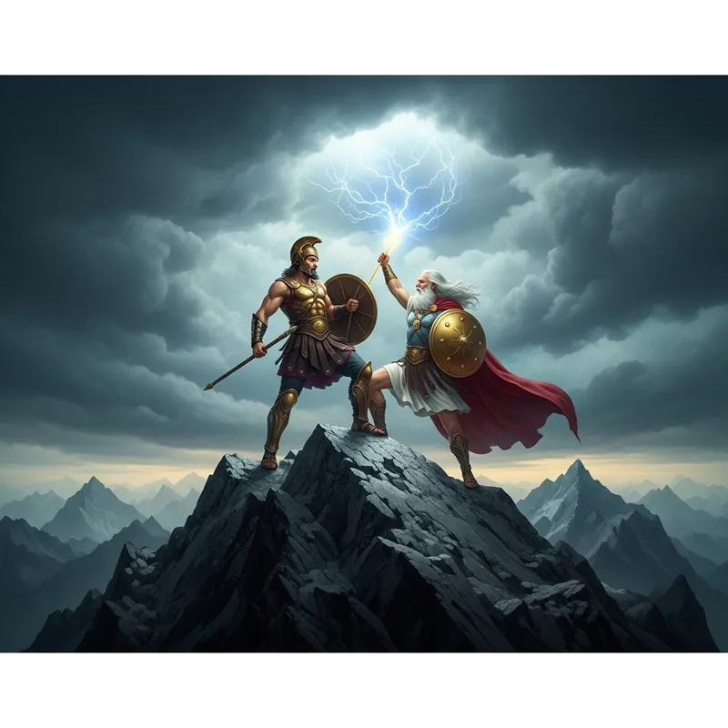 Epic God of War Fights Zeus on Mountain Peak Epic God of War Fights Zeus on Mountain Peak