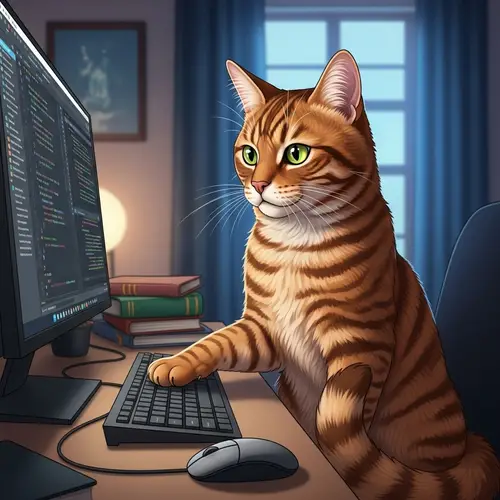 Adult Medium-Haired Cat Coding Scene | Coding Cat Illustration