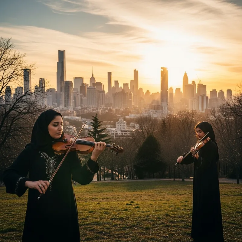 Epic Violinist in City Park Sunset Scene
