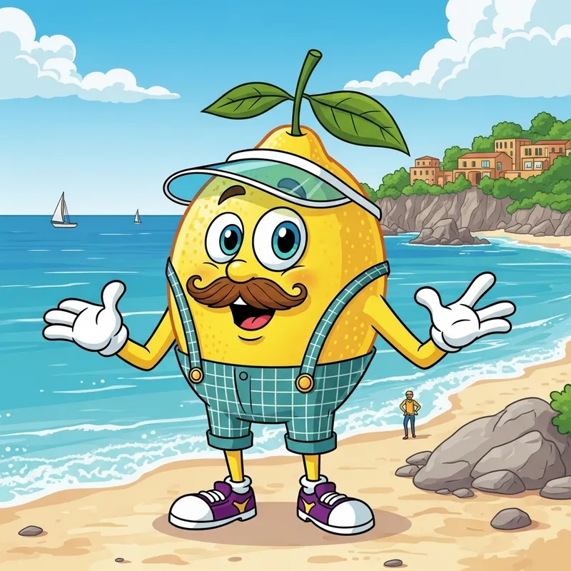 Cartoon Lemon at Sicily Seashore | Mustached Citrus in Plaid Pants Cartoon Lemon at Sicily Seashore | Mustached Citrus in Plaid Pants
