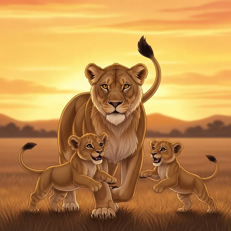 Serenity of Sunset: Lioness and Cubs in Serene Savannah Serenity of Sunset: Lioness and Cubs in Serene Savannah