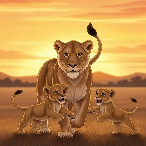 Serenity of Sunset: Mother Lion and Cubs in Savanna