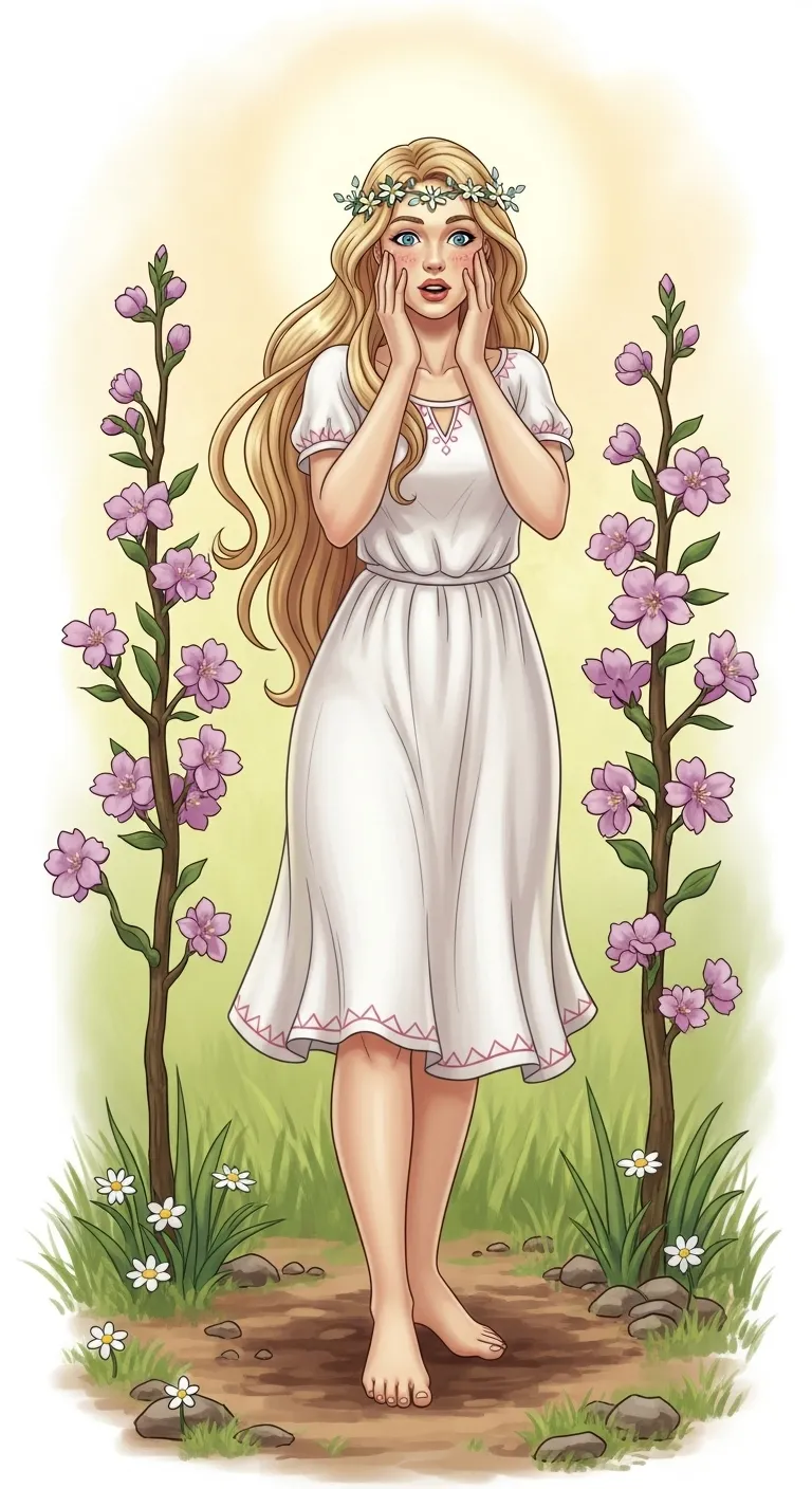 Astonishing Ostara Goddess With Long Blond Hair in White Summer Dress