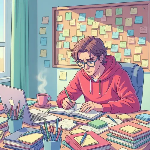 Playful Student Cartoon Illustration for Serious Study and Dedication