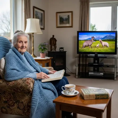 Elderly Caucasian Woman in Cozy Living Room with Large TV