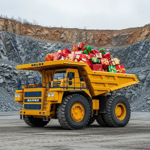 Colorful Christmas Gifts in Yellow BELAZ Dump Truck