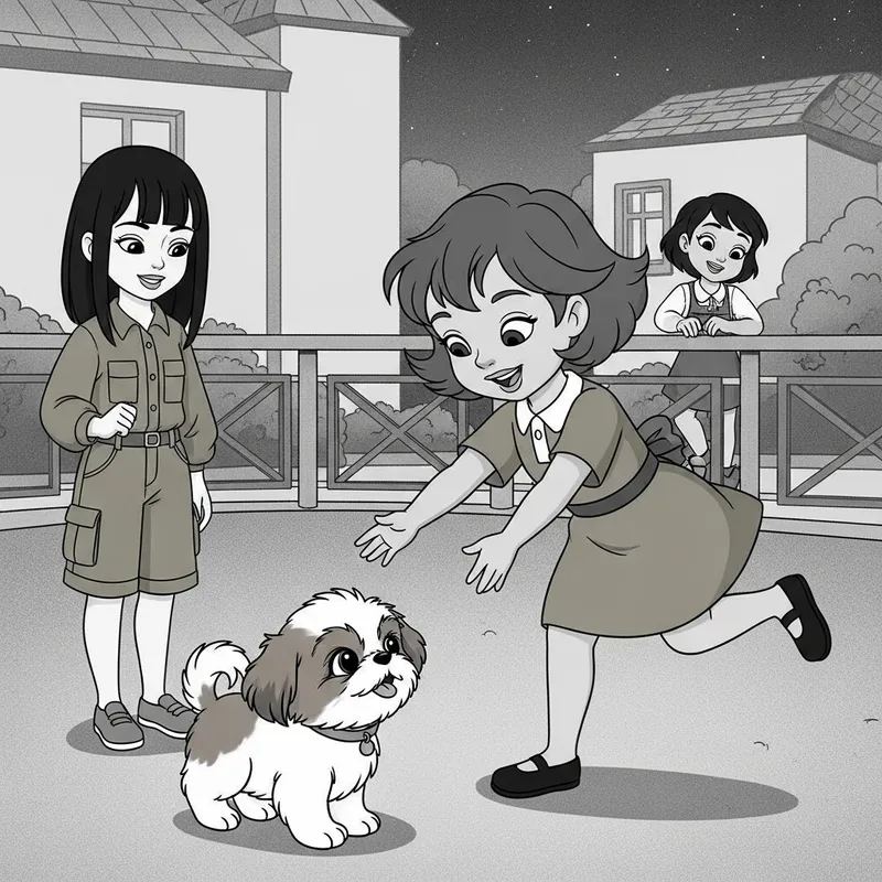 Black and White Shih Tzu Disney Puppy with Khaki Dresses