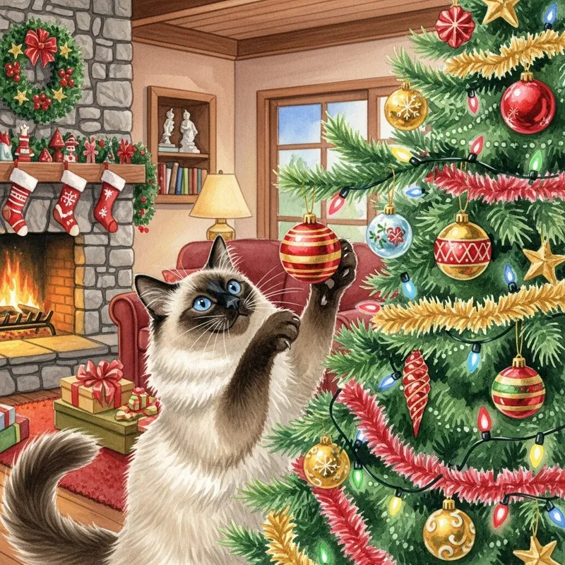 Cat Celebrating Christmas | Festive Tree Painting
