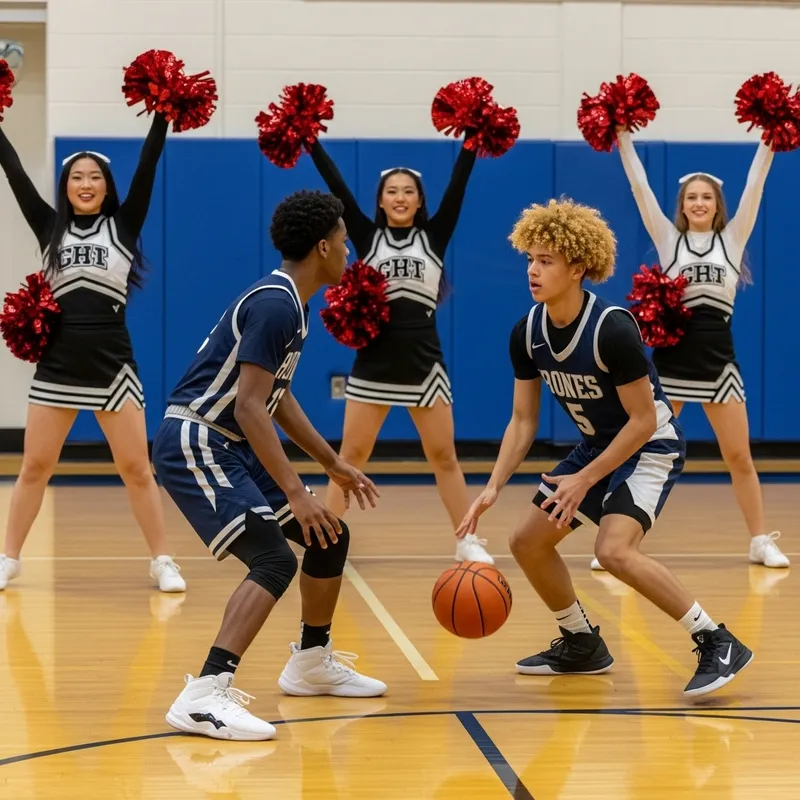 Golden Curly Hair Playing Basketball in Jordan11 Shoes with Cheerleaders and Teammates