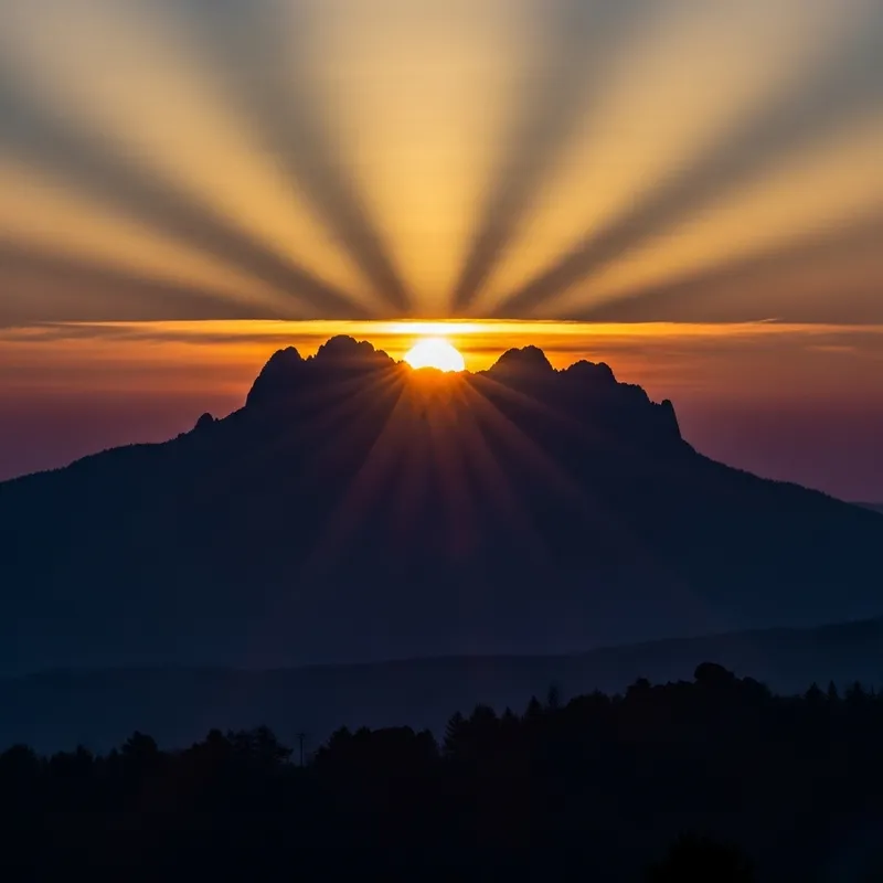 Mountain Sunrise Silhouette with Sun Rays Mountain Sunrise Silhouette with Sun Rays