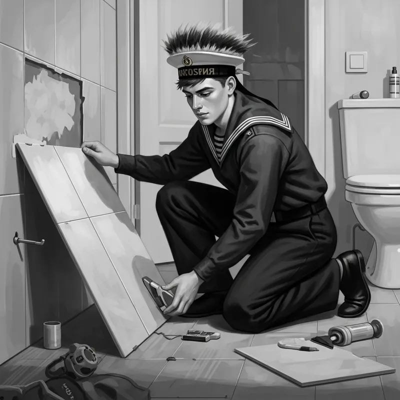 Vintage Sailor Man Renovating with Modern Tiles in Apartment