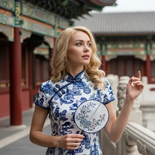 Blonde Woman in Traditional Chinese Attire | Cultural Beauty