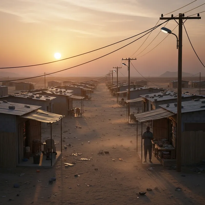 Desolate Small Town with African Shopkeeper at Sunset