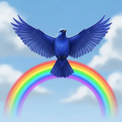 Graceful Blue Bird Soaring Above Vibrant Rainbow