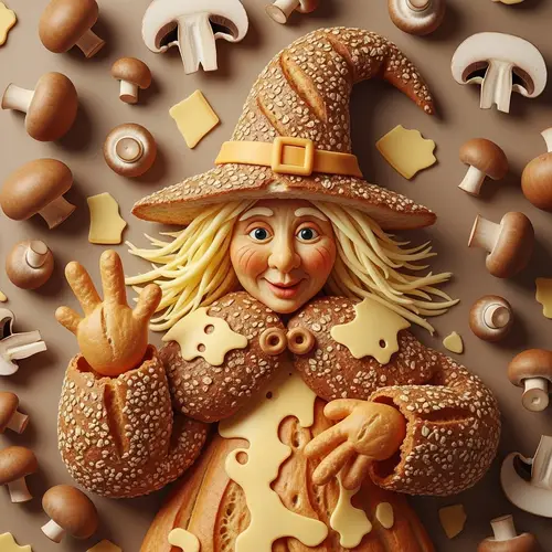 Whimsical Bread Witch and Cheesy Mushroom Delight