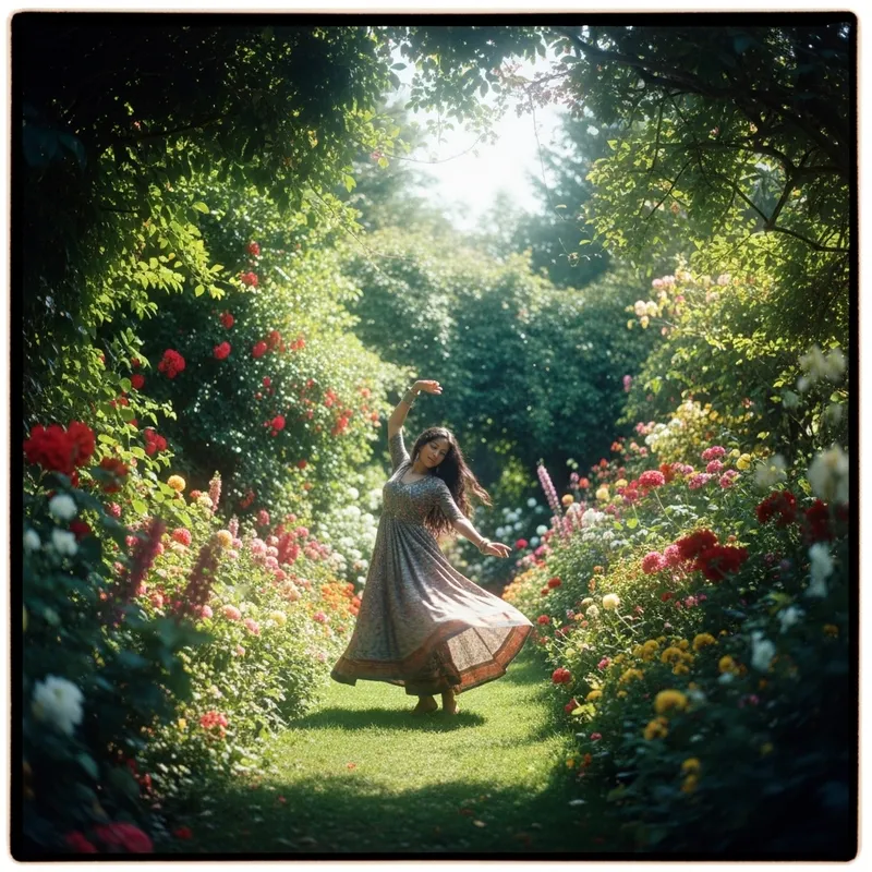 Graceful Dance in a Lush Garden: Vintage Vibes