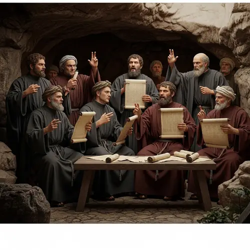 1st Century Christian Priests in Cave Discussion with Ancient Scrolls