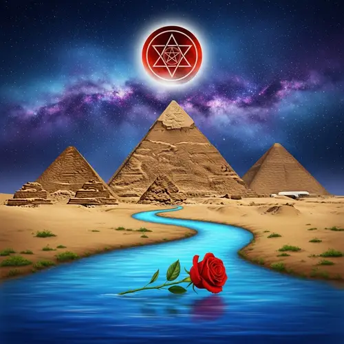 Vibrant Cosmic Art: Pyramids and a Blood Moon