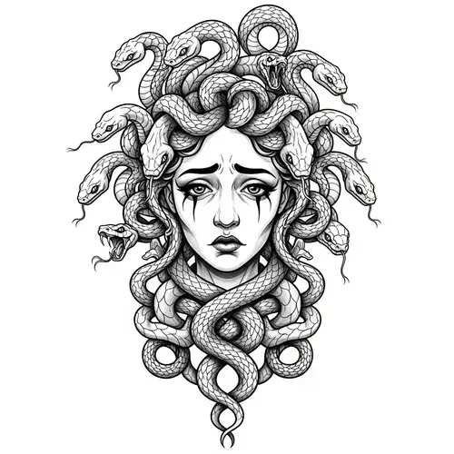 Sad Medusa Tattoo Design - Intricate Black & White Art