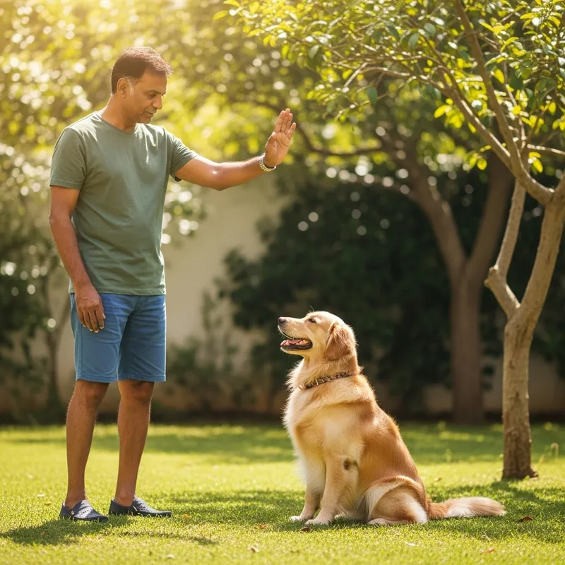 Golden Retriever Training: Man Commands Dog to Sit Outdoors