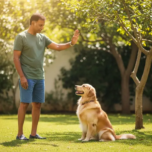 Peaceful Scene: South Asian Man Training Golden Retriever Outdoors