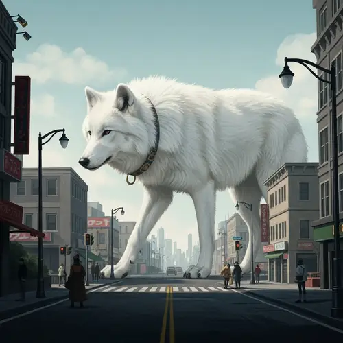 Giant Snow White Wolf in Urban Landscape - Peaceful Co-existence