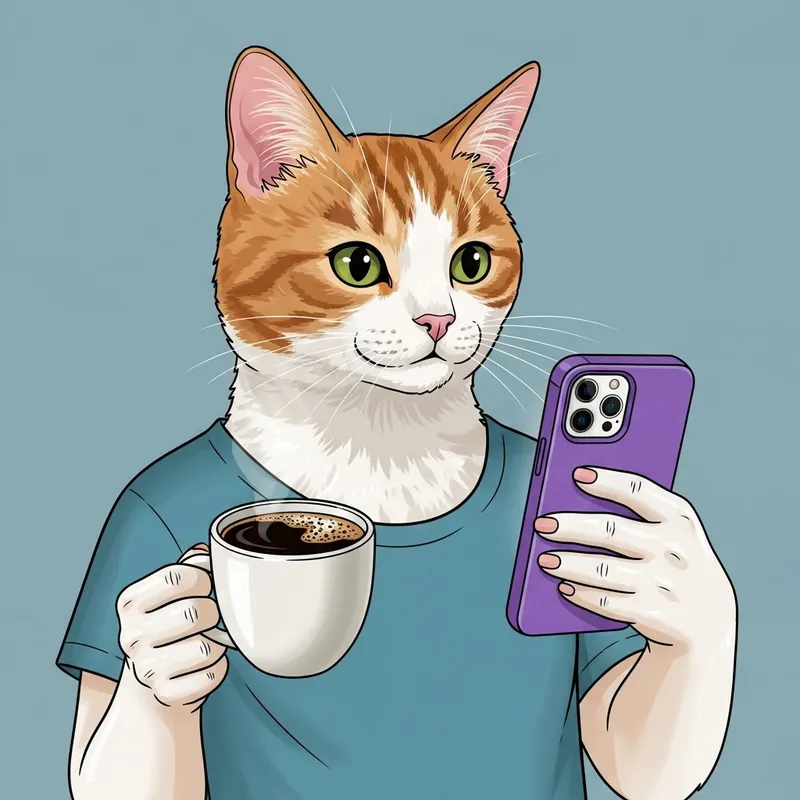 Adorable Cat Enjoying Coffee & Using Phone
