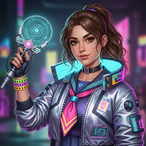 Cyberpunk-inspired Female Character with Wavy Brown Hair