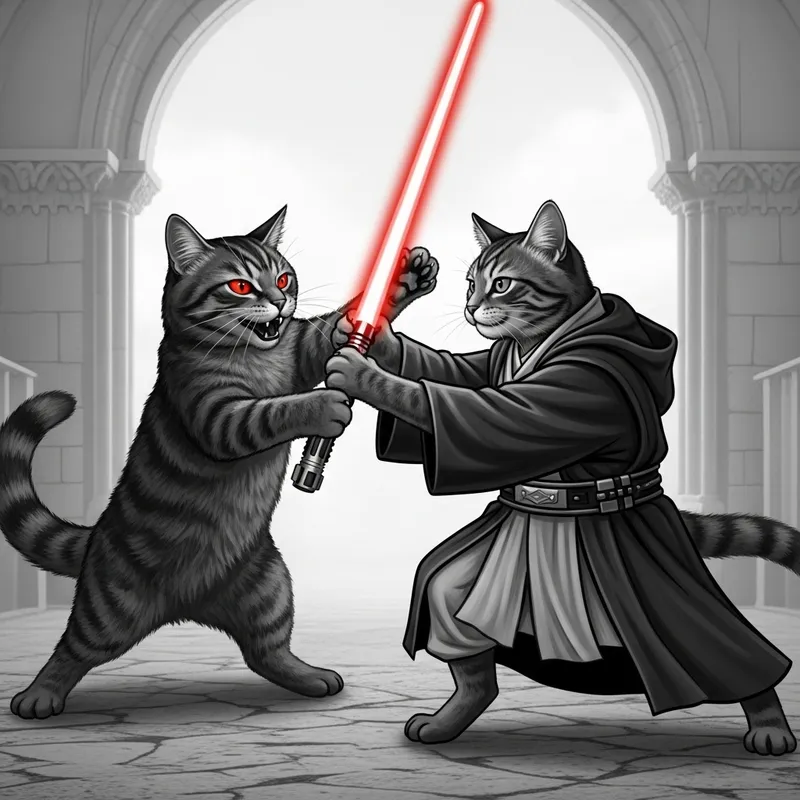 Epic Feline Duel: Sith Cat vs Jedi Knight Cat in Monochrome