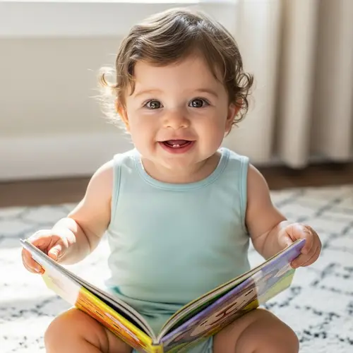 Cheerful One-Year-Old Baby with Curly Hair and Big Brown Eyes