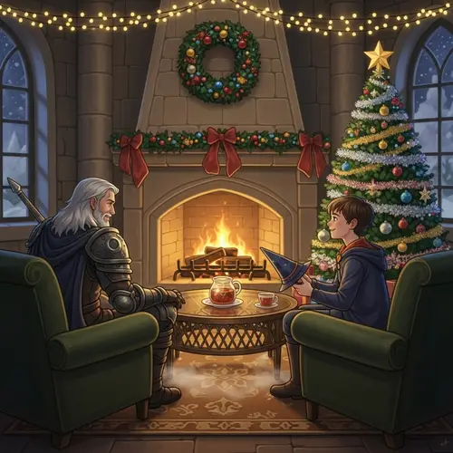 Festive Sanctum: Sorcerer and Young Magician by Fireplace