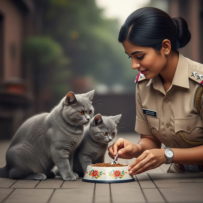 Beautiful Gray Cat and Kitten with Officer | Realism Scene