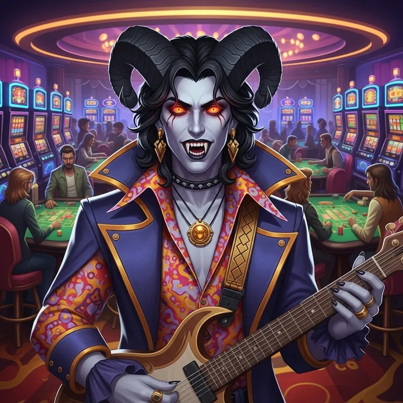Tiefling Bard with Vampiric Features in Casino Glamour Tiefling Bard with Vampiric Features in Casino Glamour