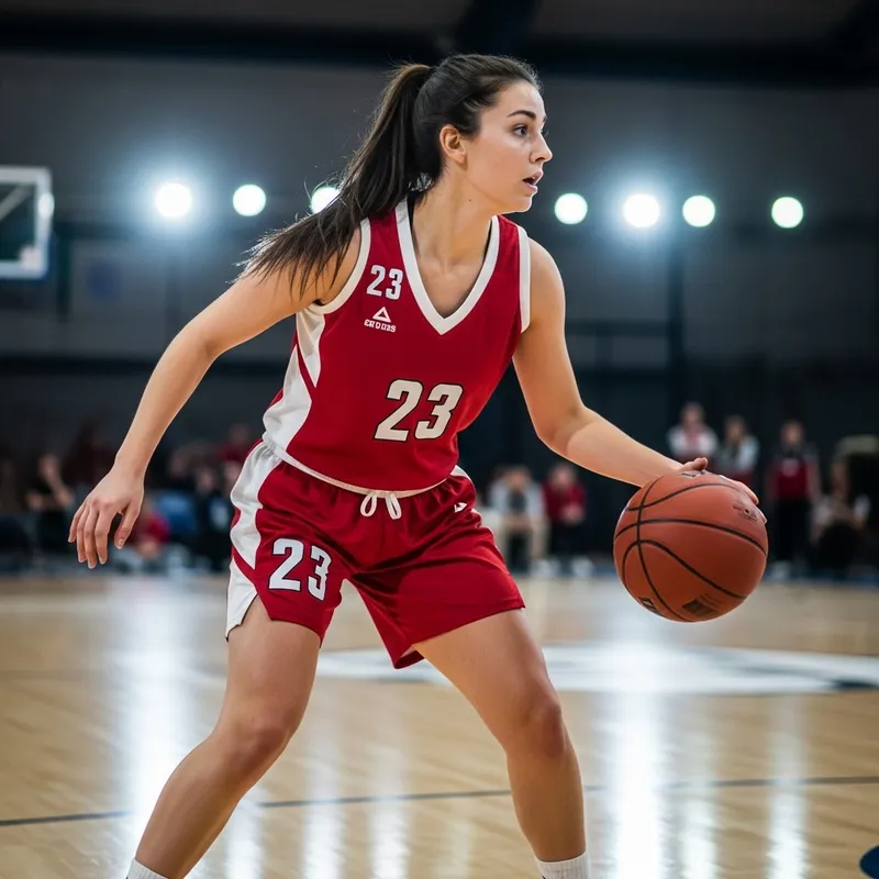 Beautiful Brunette Woman Dressed as Basketball Player