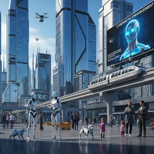 Futuristic Cityscape: Metallic Skyscrapers, Robots, and High-Tech Marvels
