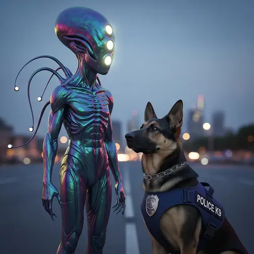 Extraterrestrial Being and K9 Police Dog Encounter