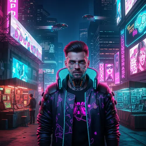 Cyberpunk Style Man - Futuristic 30-Year-Old with Neon Prosthetics